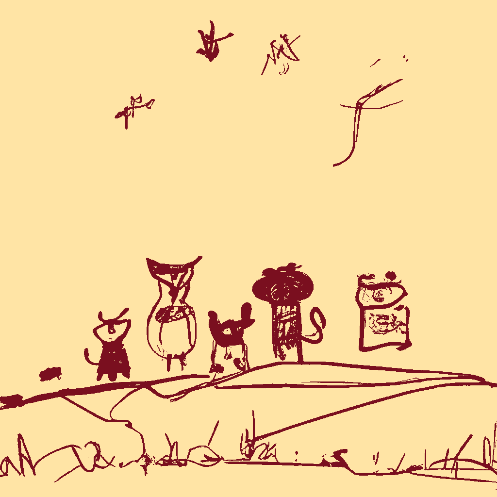 Kinderzeichnung: Tiere auf einem Ast